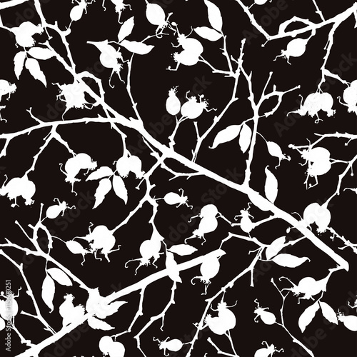 Seamless Pattern Vector illustration of hand drawn Rose Hips, leaves and branches. Black and white. Can be used for greetings card, invitation, wall, poster or other background, packaging etc. eps 10