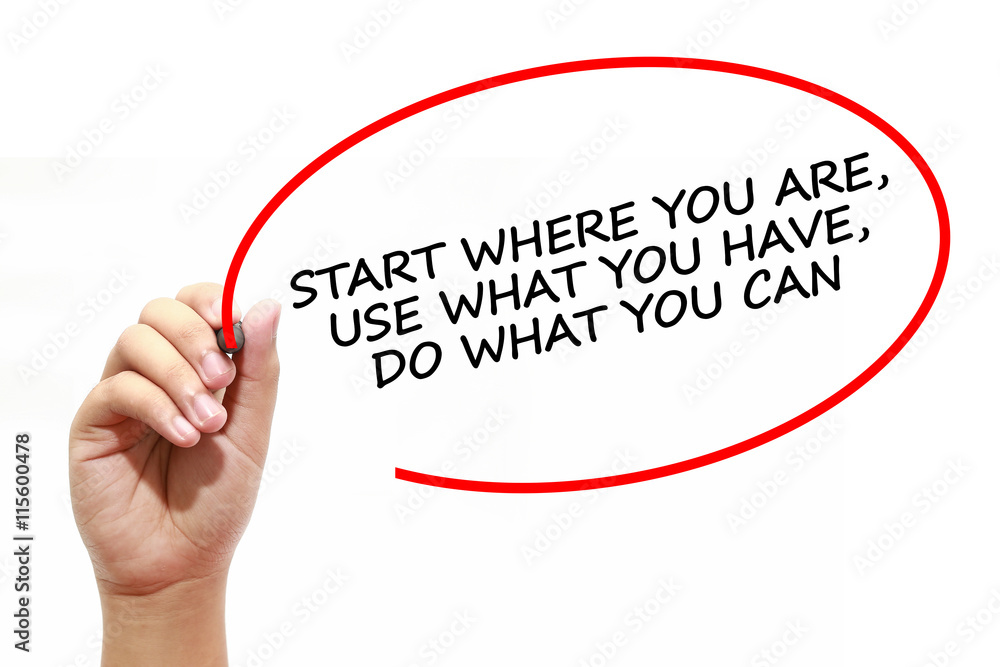 Man writing START WHERE YOU ARE, USE WHAT YOU HAVE, DO WHAT YOU CAN with marker on transparent wipe board. Man writing START WHERE YOU ARE, USE WHAT YOU HAVE, DO WHAT YOU CAN with marker on transparent wipe board.