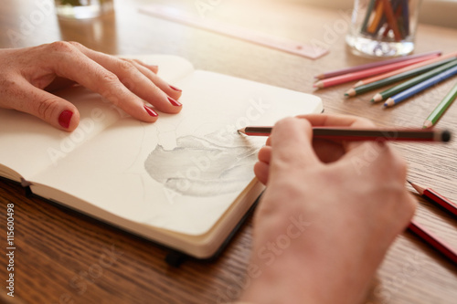 Fotografie Woman hands sketching flower on sketchbook