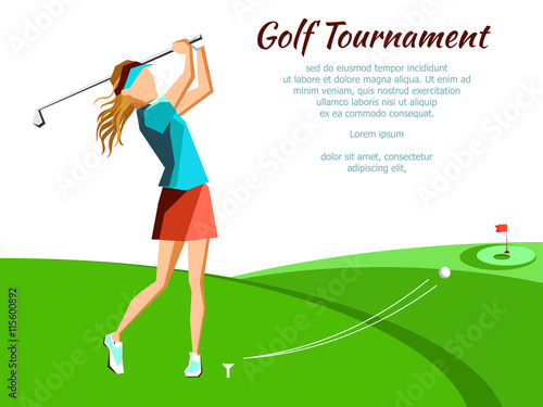 Golf club competition tournament banner. Poster with girl plying golf game in modern flat style. Vector illustration