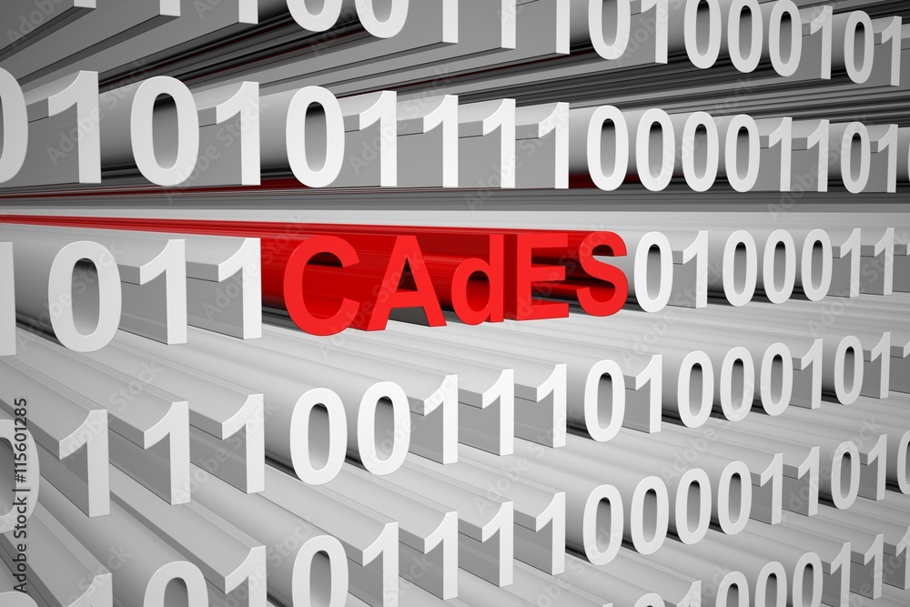 CAdES in the form of binary code, 3D illustration