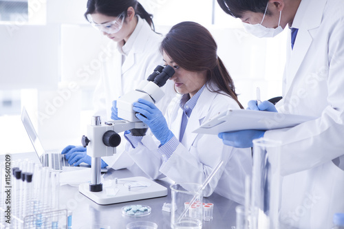 Obraz na płótnie Researchers are analyzing a microscope