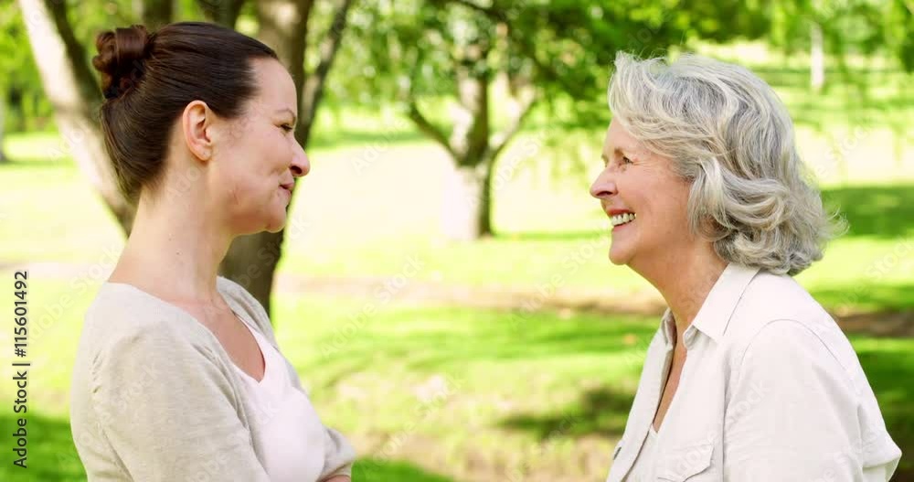 Mother and adult daughter laughing and chatting in the park Mother and adult daughter laughing and chatting in the park