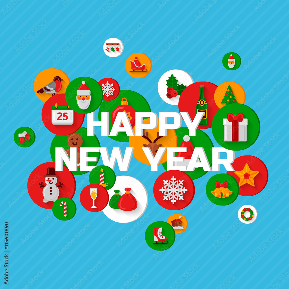 Happy New Year greetings with holiday flat icons