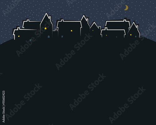 Stylized Town at Night. With illuminated outlines, windows, doors, stars and moon, shadows. Can be used as a header for web page, advertisement, card, invitation, poster, Halloween theme etc. Eps 10