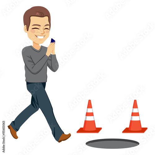 Illustration of smartphone addiction concept with man checking phone about to fall in a manhole