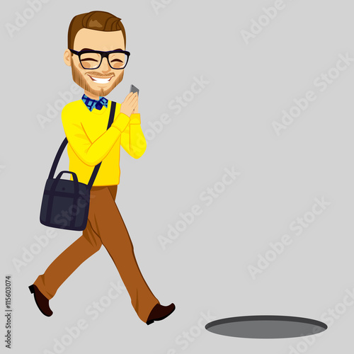 Man looking his smartphone and walking into open manhole