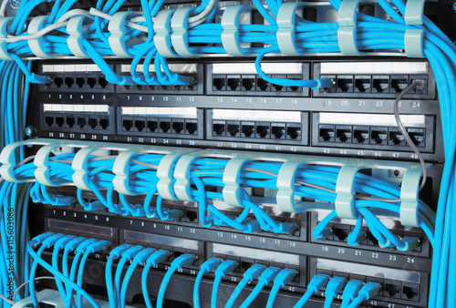 Obraz na płótnie Close up of blue network internet cables connected to router w salonie