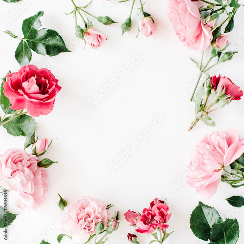 round frame wreath pattern with roses, pink flower buds, branches and leaves isolated on white background. flat lay, top view © Floral Deco