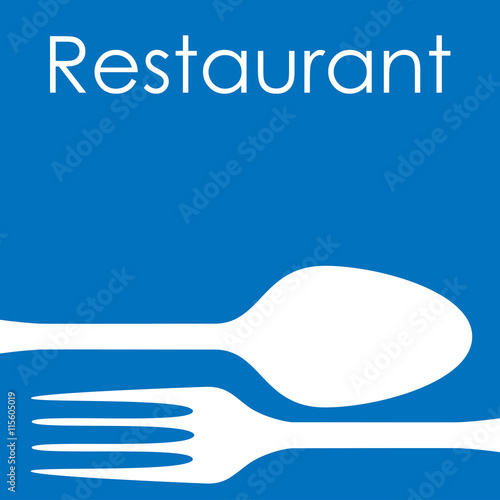 Icono plano Restaurant y cubiertos sobre fondo azul