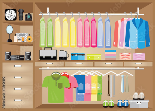 Flat Design walk in closet with shelves.