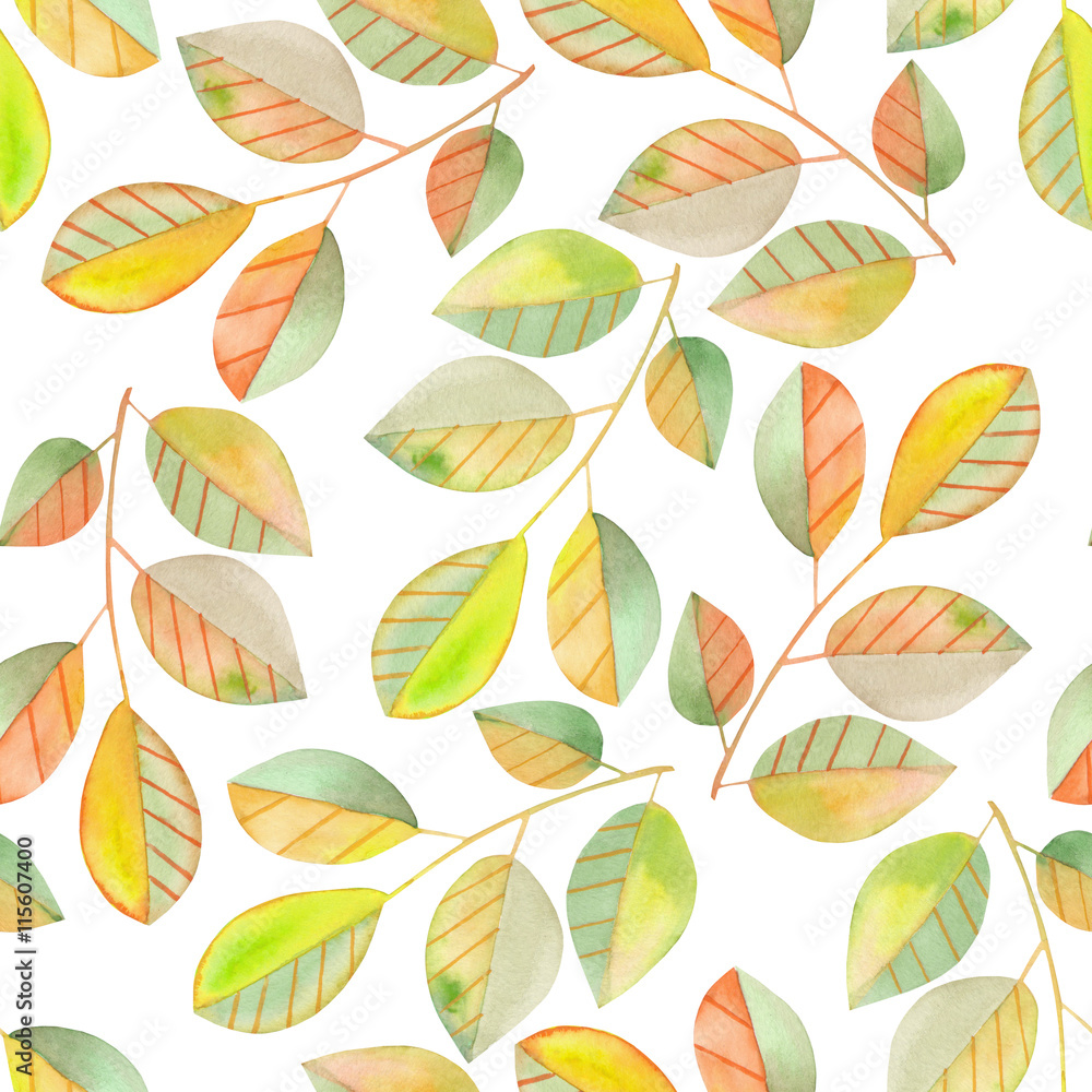 Seamless pattern with the watercolor branches with green and yellow leaves, hand painted isolated on a white background
