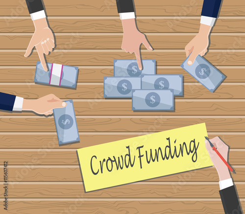 crowdfunding concept with people hand give cash money on top of the table vector graphic