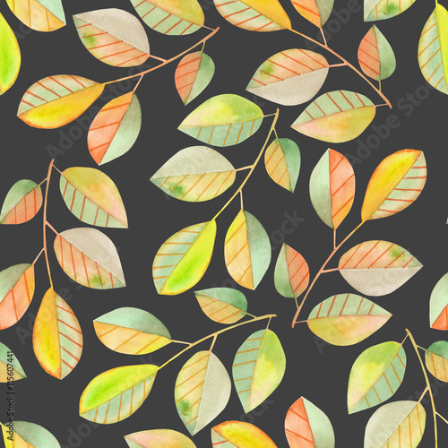Seamless pattern with the watercolor branches with green and yellow leaves, hand painted isolated on a dark background