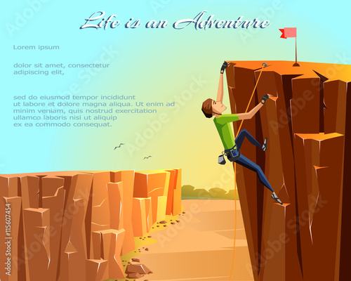 Rock Climbing boy. Beautiful nature landscape background. Bouldering sport. Graphic Design. Vector Illustration