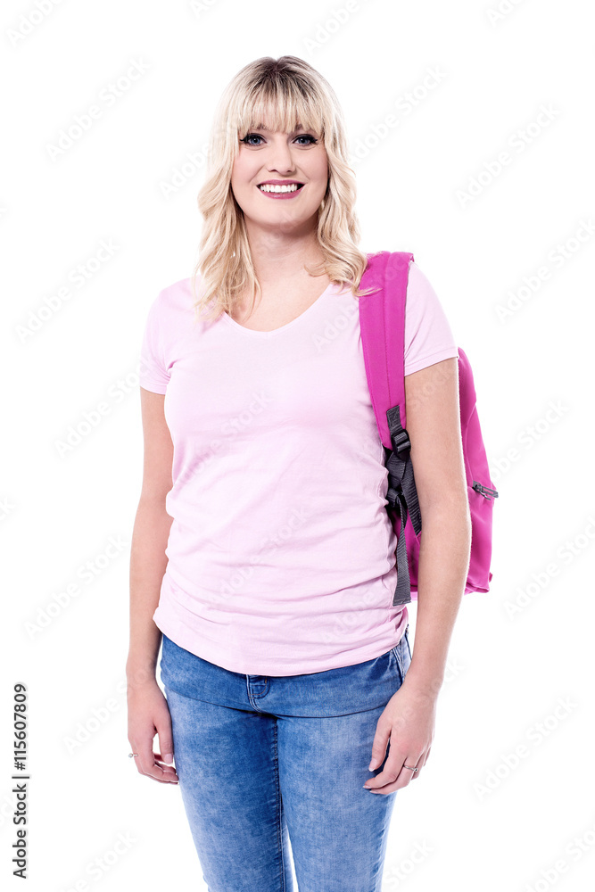 Fototapeta premium Smiling woman with backpack.