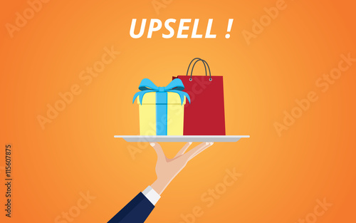 upsell product with hand handling a plate with gift box and shopping bag vector graphic