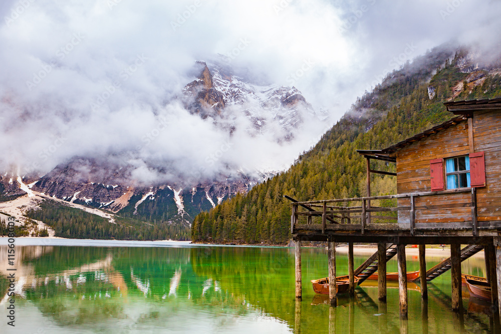 Fototapeta premium Braies Lake in Dolomites mountains, Seekofel in background, Sudt