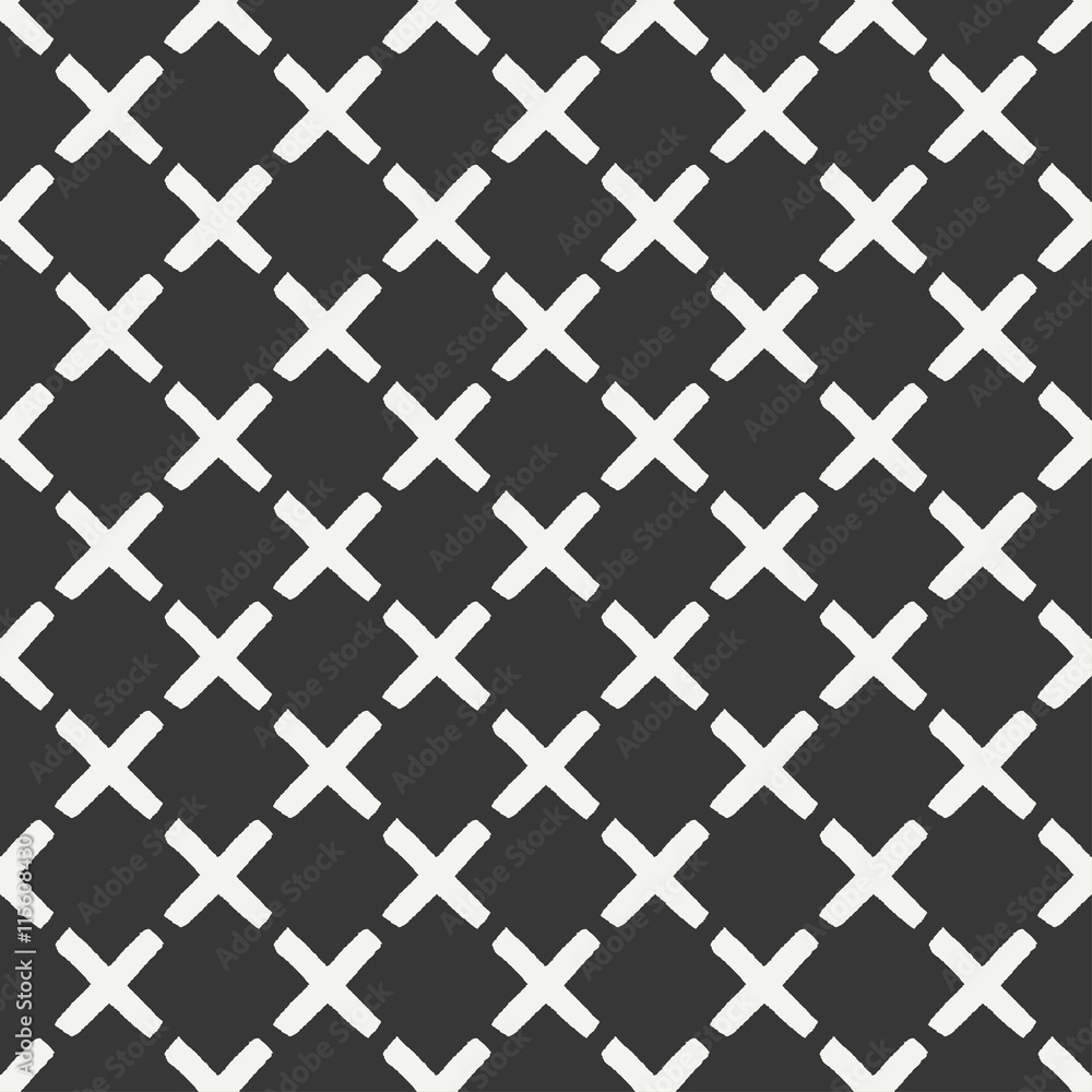 Naklejka premium Hand drawn geometric seamless ink pattern with brush strokes. Wrapping paper. Abstract vector background. Round brush strokes. Texture with crosses or pluses. Dry brush. Rough edges ink illustration.