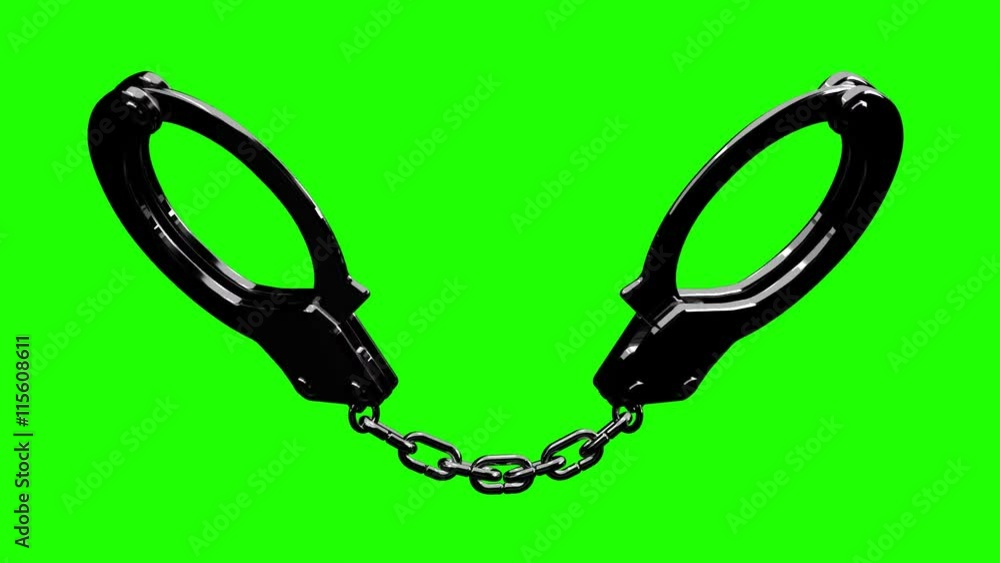 Handcuffs On Green Chroma Key. Loop able 3DCG render Animation. Stock