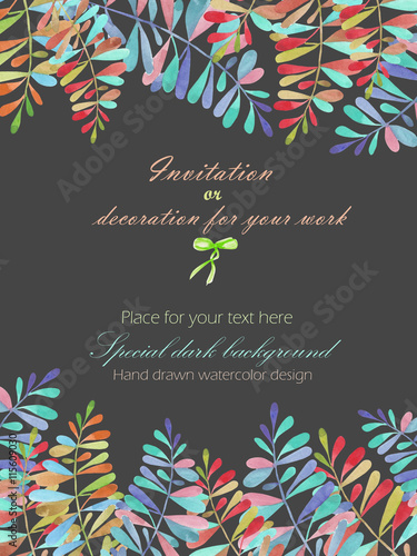 Background, template postcard with a floral ornament of the watercolor multicolored leaves and branches, hand drawn in a pastel on a dark background