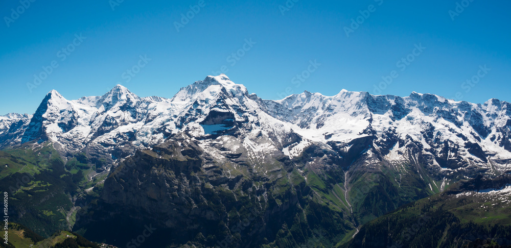 The Jungfrau, Monch, Eiger, panorama view from the top of Shilth