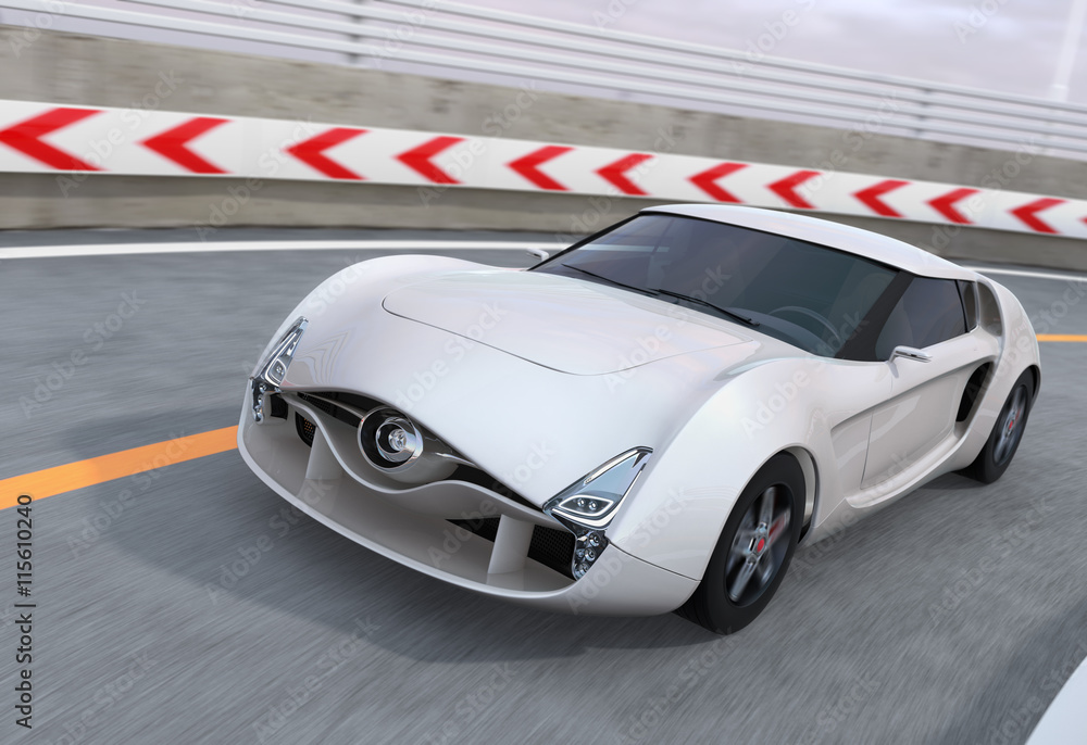 White sports car on highway. 3D rendering image.