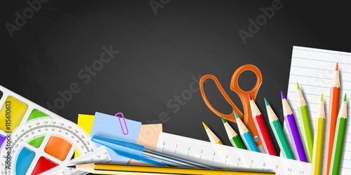 School supplies on blackboard. Realistic vector illustration.