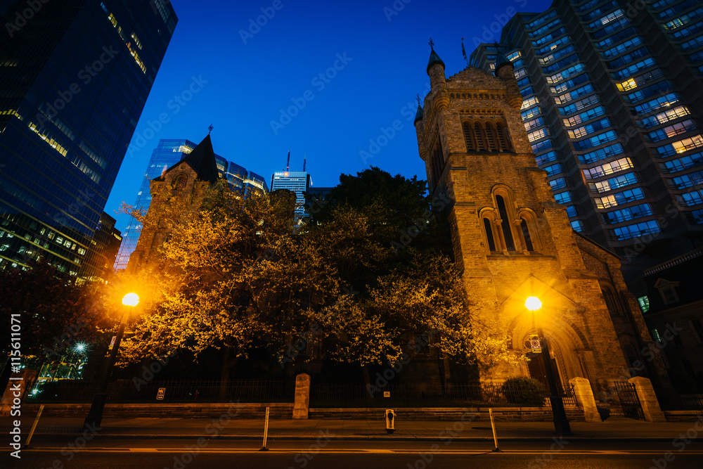Saint Andrew's Presbyterian Church at night, in the Financial Di