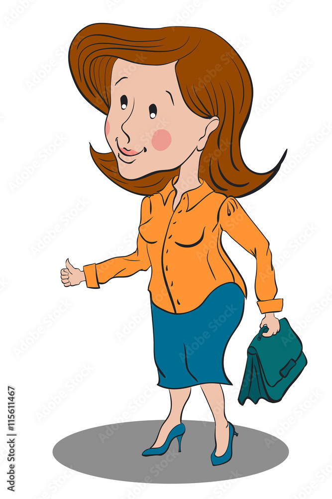 business woman standing in a yellow blouse and blue skirt business woman standing in a yellow blouse and blue skirt