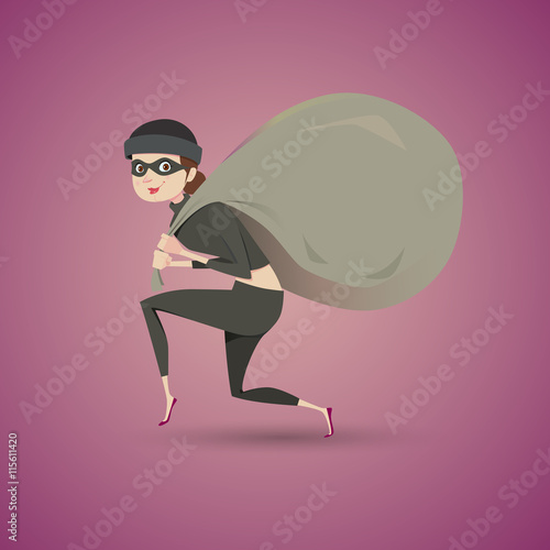 Thief in black clothes carrying a large bag.