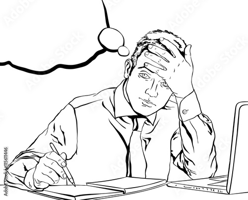 sad tired office employee sitting at his desk in the background