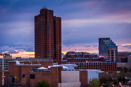 Sunset over buildings in the Inner Harbor district at sunset, se