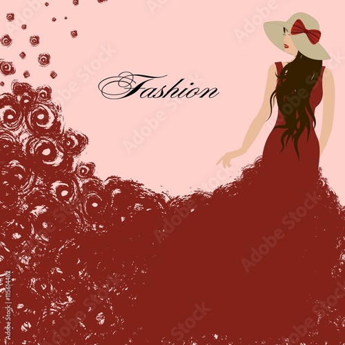 woman in a red dress. Red roses. Beautiful, graceful