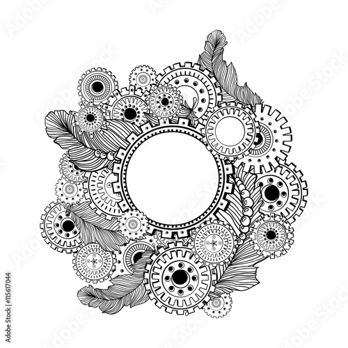 Hand drawn circle frame for photo with steampunk technology elements.