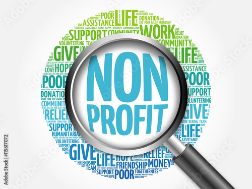 Non Profit word cloud with magnifying glass, business concept 3D illustration