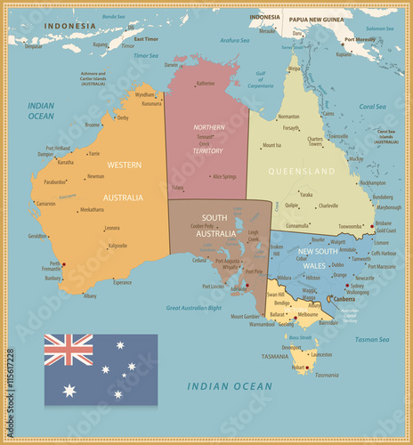 Retro Color Political map of Australia