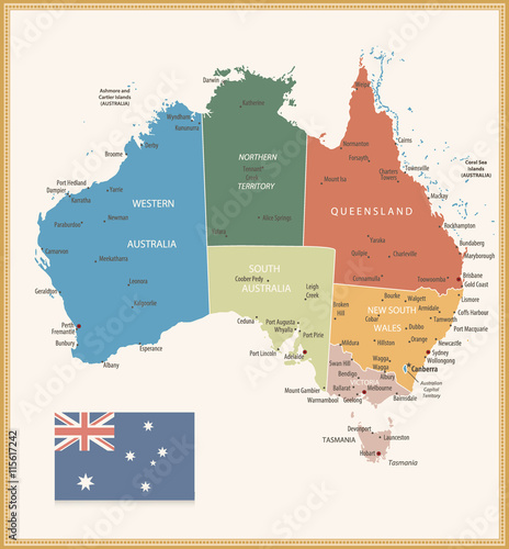 Vintage Color Political map of Australia