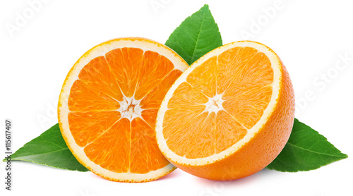 Perfectly retouched sliced halfs of oranges with leaves isolated on the white background with clipping path