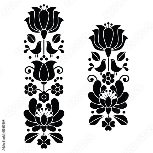 Kalocsai black embroidery - Hungarian floral folk art long patterns