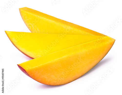 Three mango slices isolated on white background, with clipping path