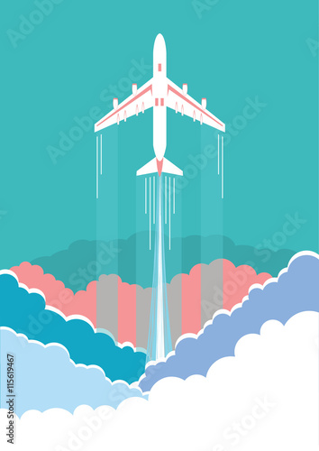 Airplane flying in sky background poster