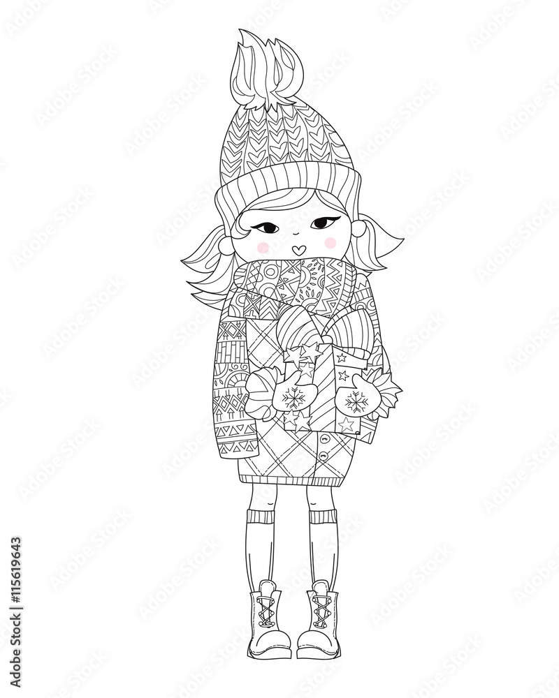Fototapeta premium Vector cute girl in winter hat with christmas gift