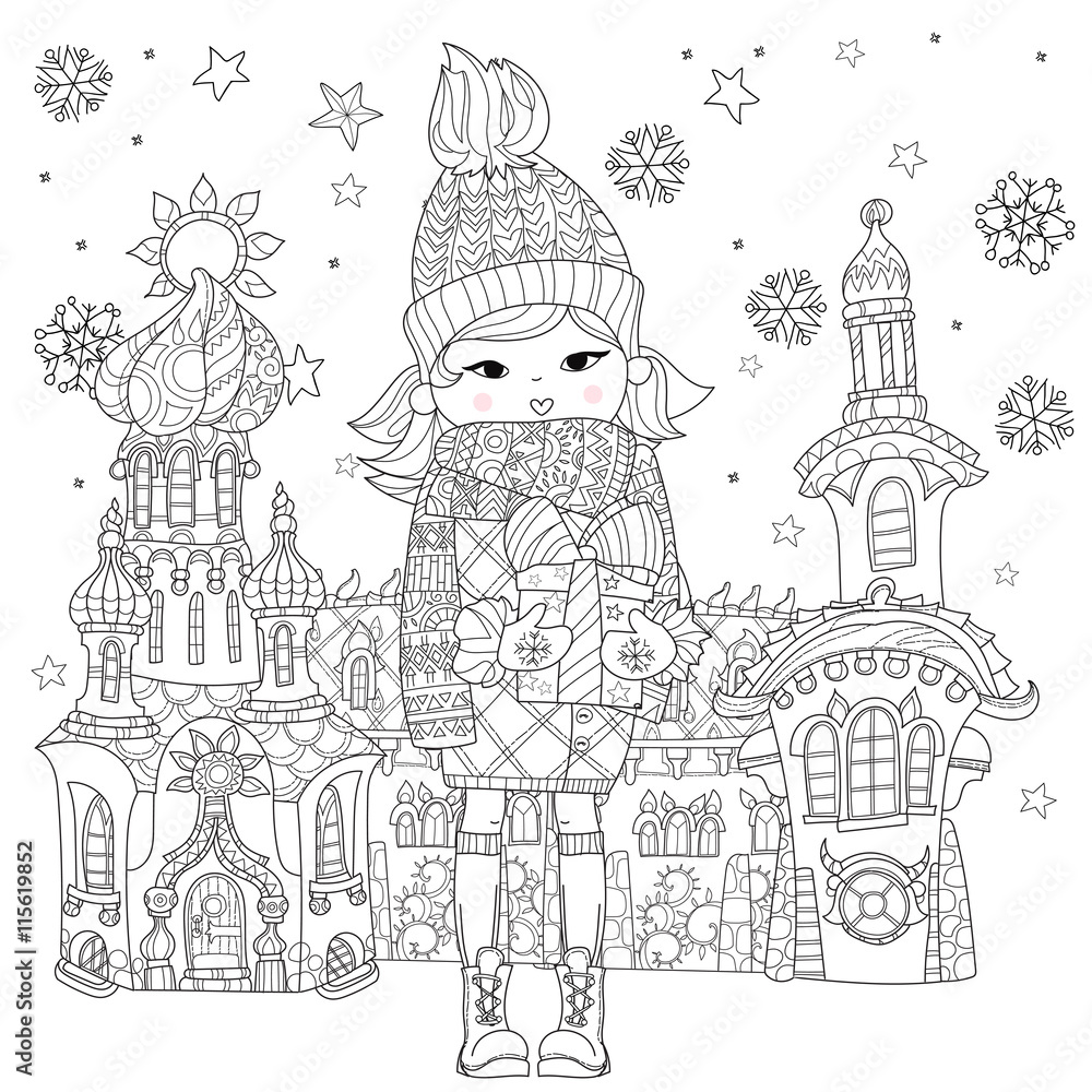 Vector cute girl in winter hat with christmas gift