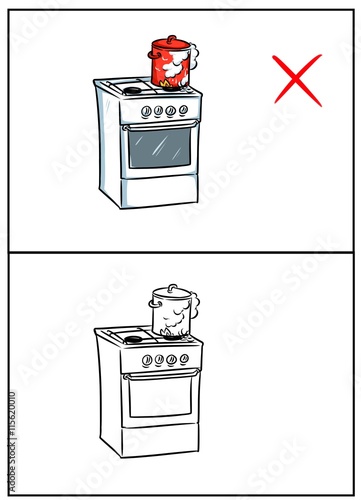 Fire safety table Gas stove pan danger cartoon illustration 