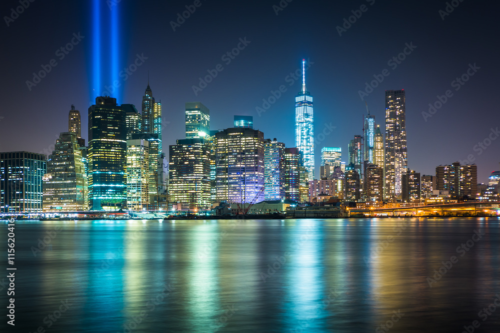 The Tribute in Light over the Manhattan Skyline at night, seen f