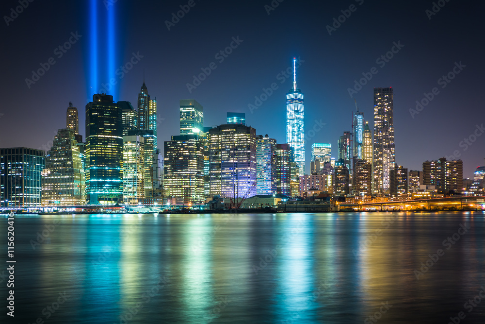The Tribute in Light over the Manhattan Skyline at night, seen f The Tribute in Light over the Manhattan Skyline at night, seen f