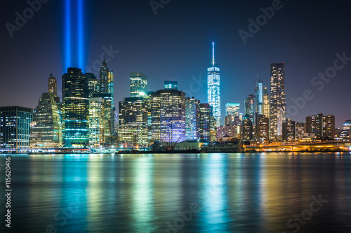 The Tribute in Light over the Manhattan Skyline at night  seen f