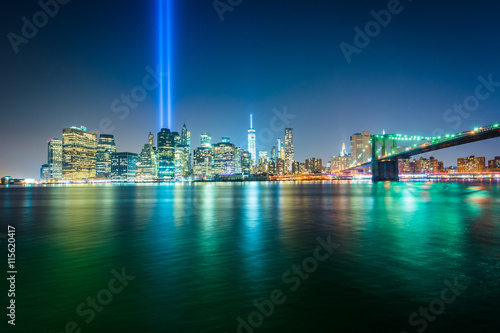 The Tribute in Light over the Manhattan Skyline at night  seen f