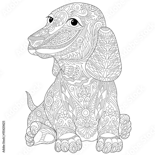 Stylized dachshund (teckel or german badger dog) isolated on white background.
Freehand sketch for adult anti stress coloring book page with doodle and zentangle elements.